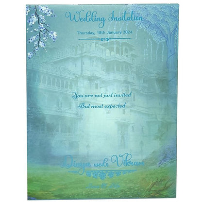Blue Royal Padded Wedding Card With Palace Background-King of Cards