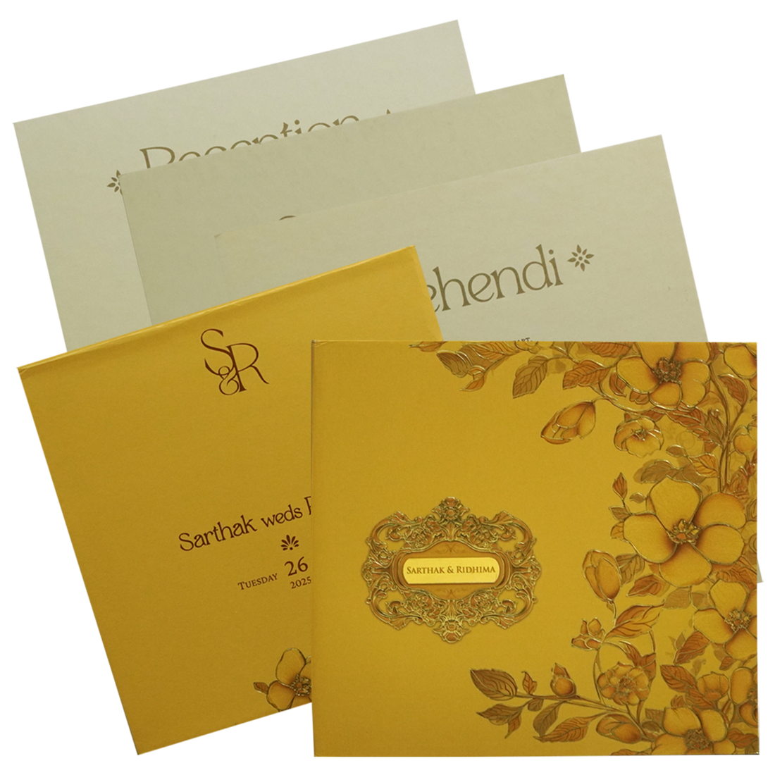 Make your event special with our exclusive Mustard Gold Floral Embossed Premium Card. Shop now! ?WhatsApp Support ?Express Delivery.