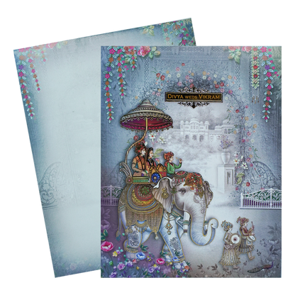 Blue Royal  Elephant Baraat Wedding Card-KNKJ1153