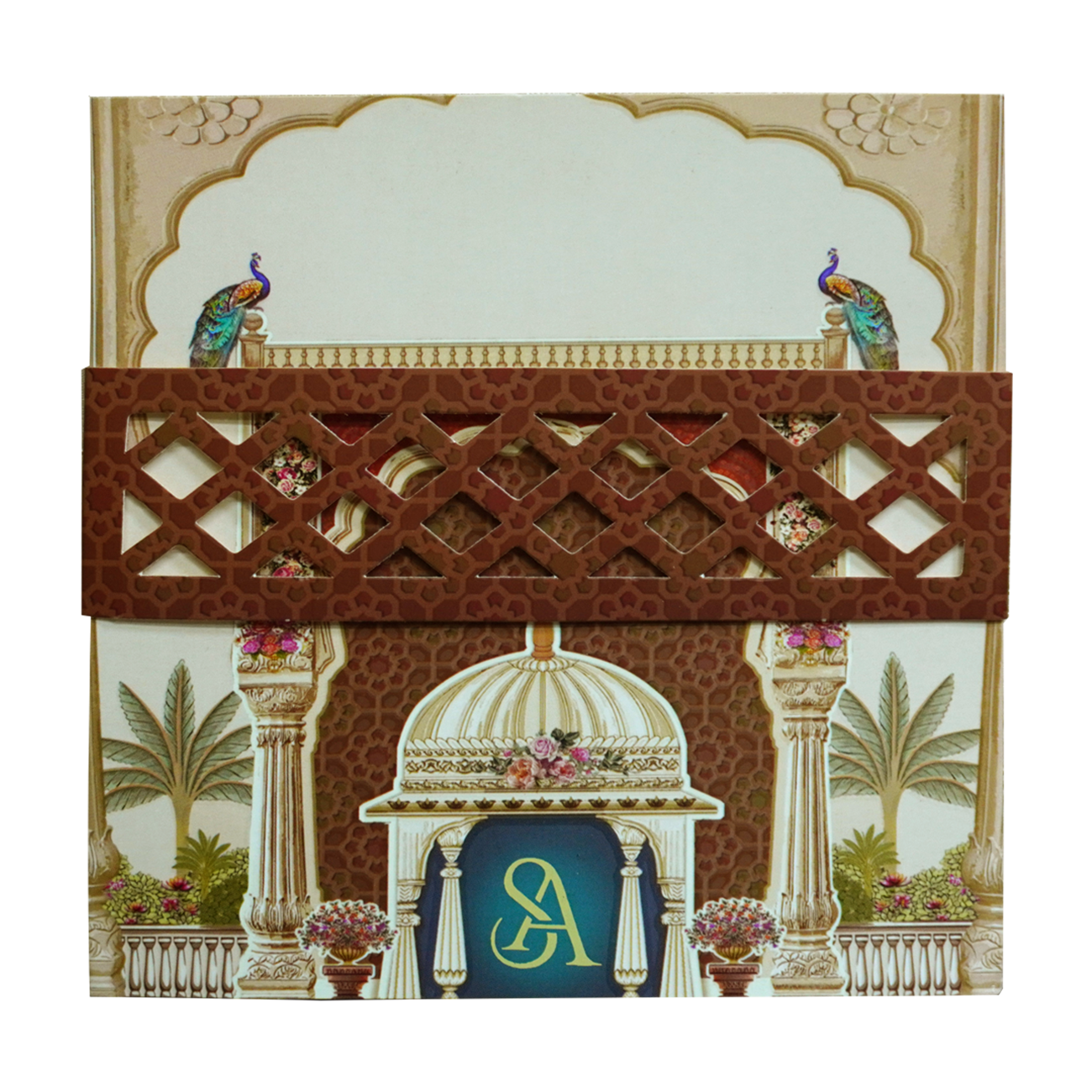 Brown Arch Peacock Box Invitation-KRC30800