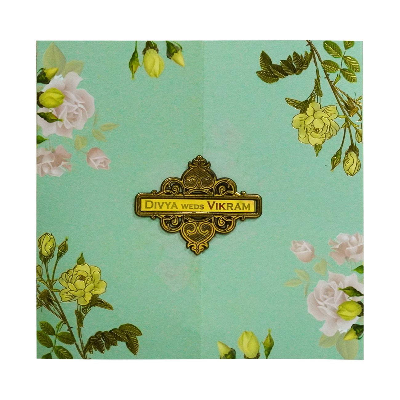 Green Floral Nameplate Wedding Card-KNKD8104