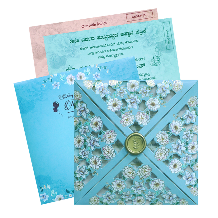 Blue Floral Laser Cut Wedding Card-KNGA7103