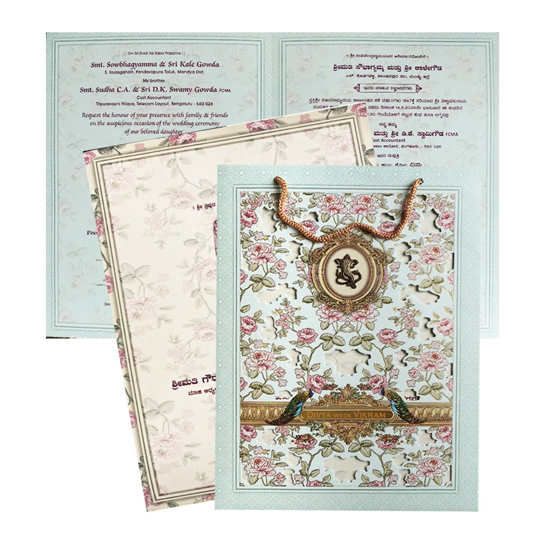 Check out Blue Floral Laser-Cut Wedding Bag Card at best price.✅WhatsApp Support ✅Express Delivery. | King of Cards.
