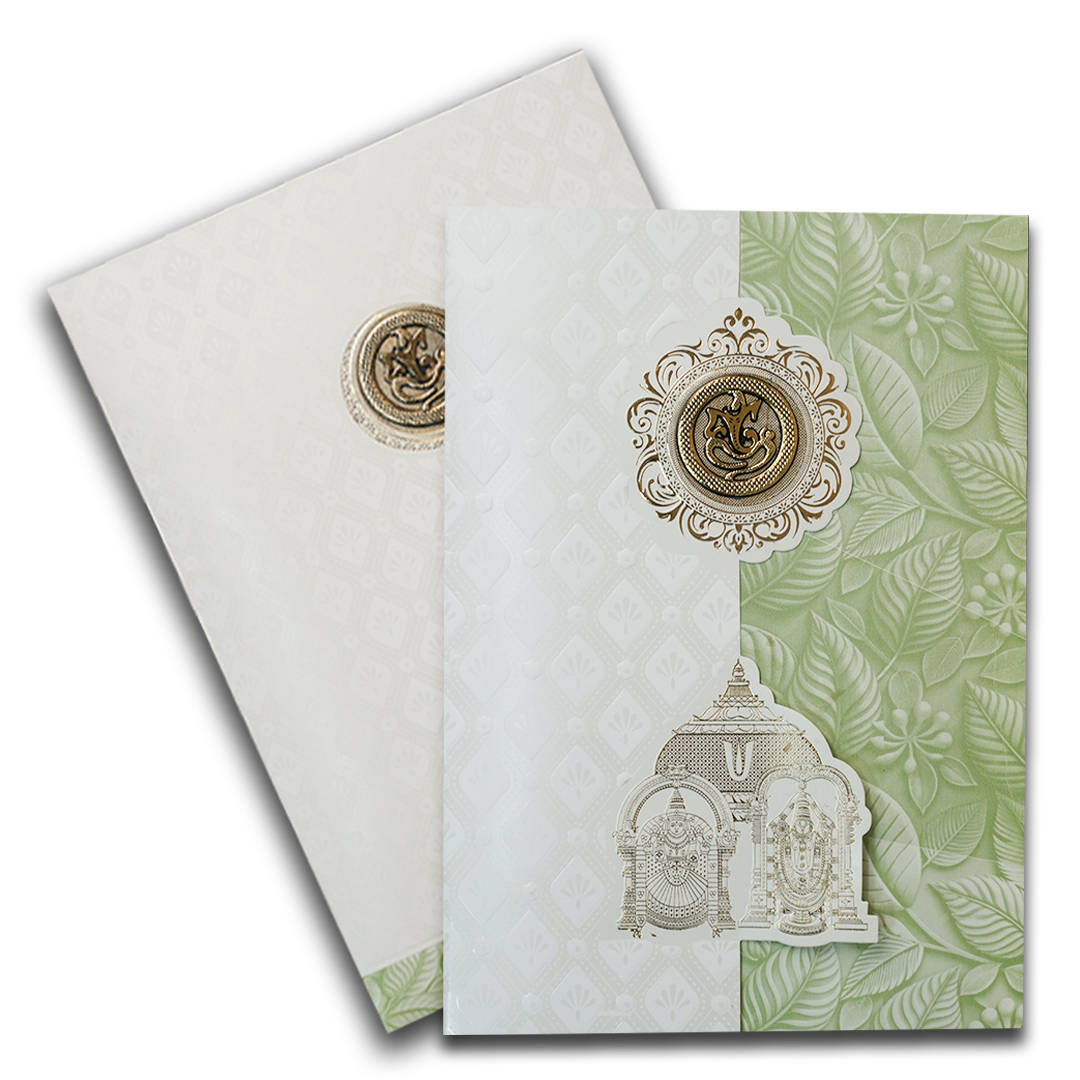 White Pastel Green Ganesha Temple Wedding Card-KNA2401G