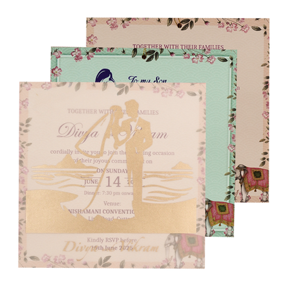 Green Elephant Peacock Laser-Cut Wedding Card-KNPL5806