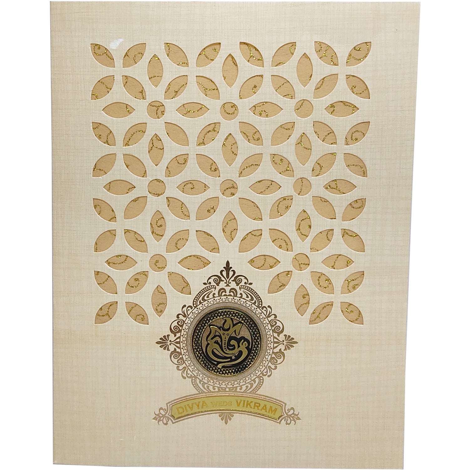 Sandal Metallic Laser Cut Wedding Card In Gold Wolly-KNK9405S