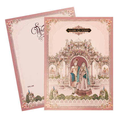 Pink Royal Couple Palace Padded Wedding Card-KSSC2480