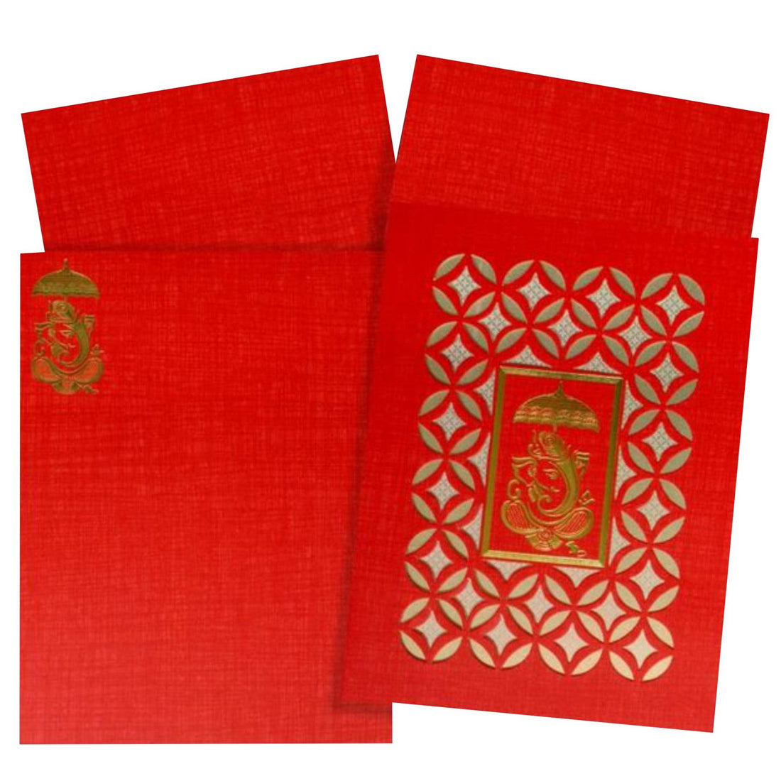 This wedding card is in blue shading with Ganesha at the point of convergence. Ganesha is made of gold foiling with laser cut flower subject all around it. Reach us to know more about the card.