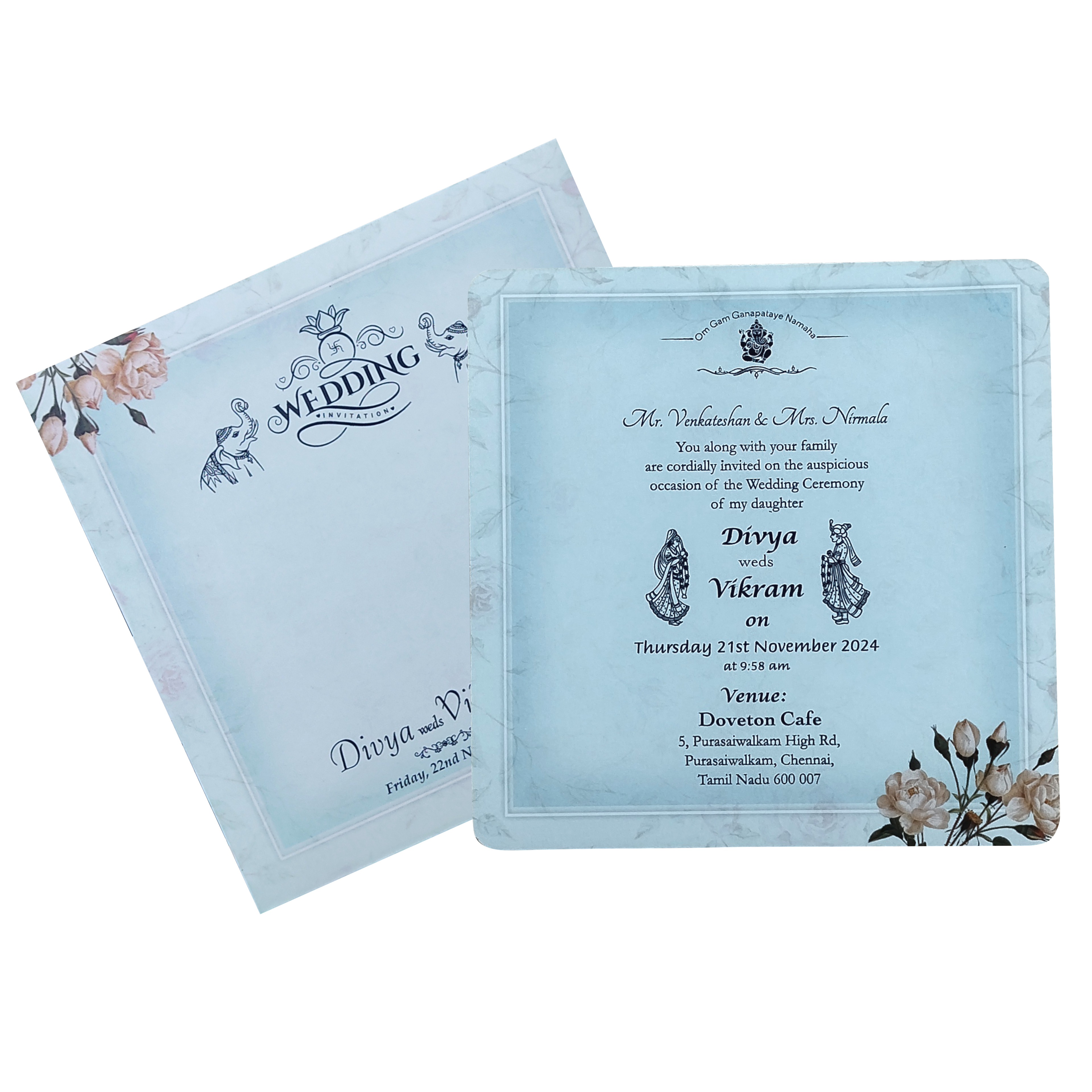 Blue Floral Single Sheet Invitation Card-KNIC7302