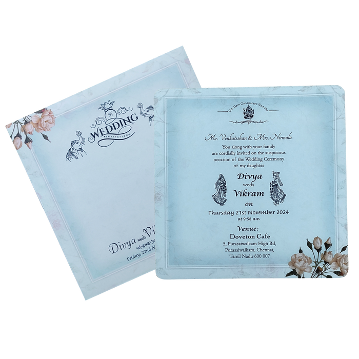 Blue Floral Single Sheet Invitation Card-King of Cards