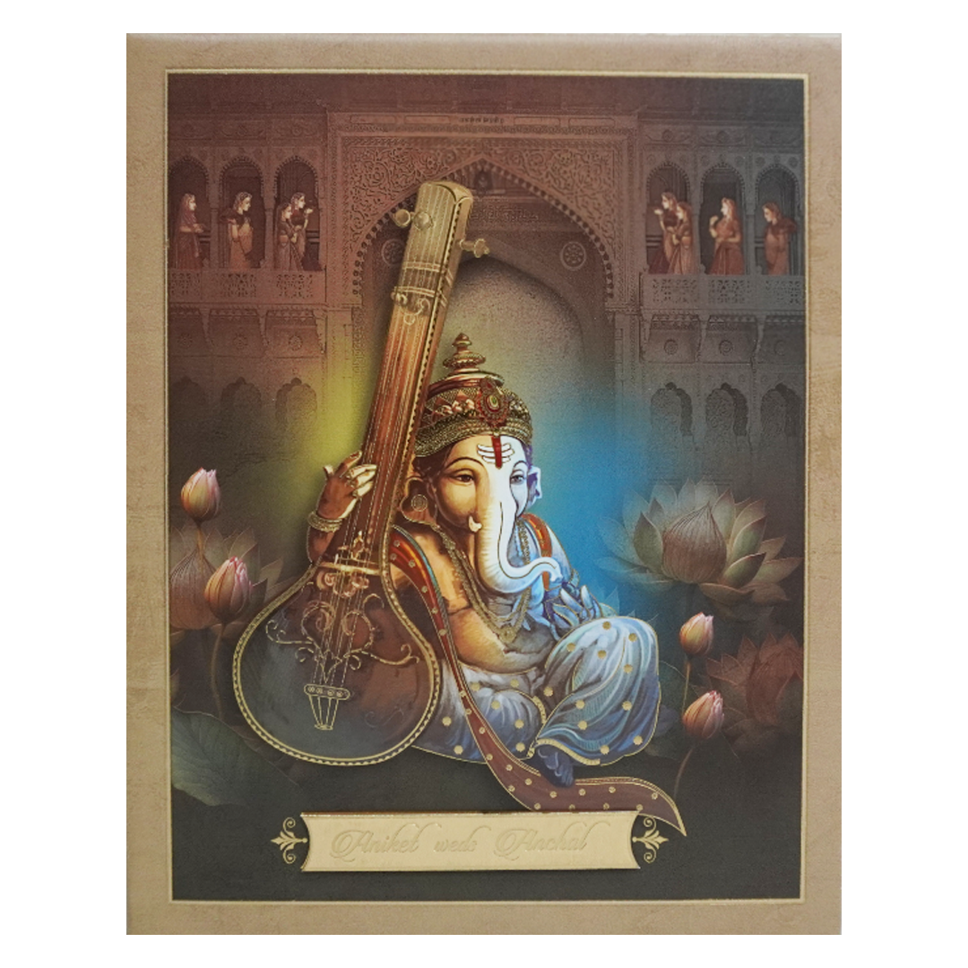 Brown Ganesha Padded Wedding Card-Kac05310
