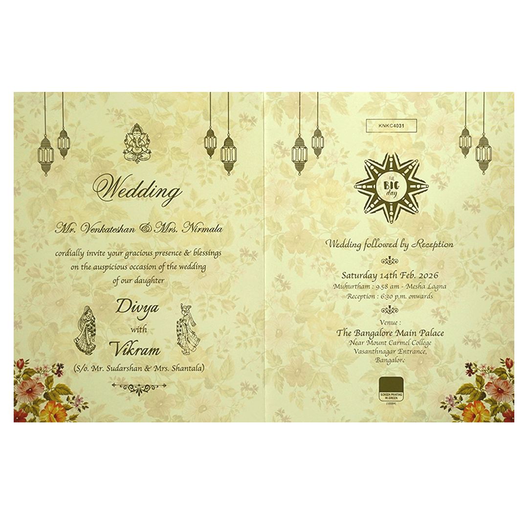 Olive Green Classic Designer Floral Offset Wedding Card With Name Plate-KNKC4031