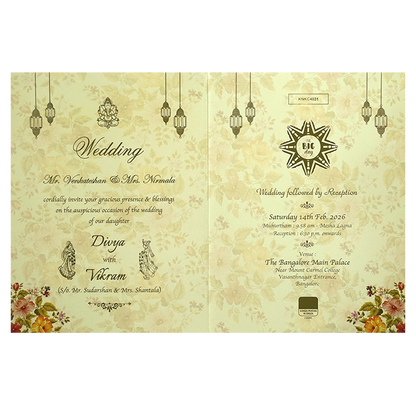 Olive Green Classic Designer Floral Offset Wedding Card With Name Plate-KNKC4031