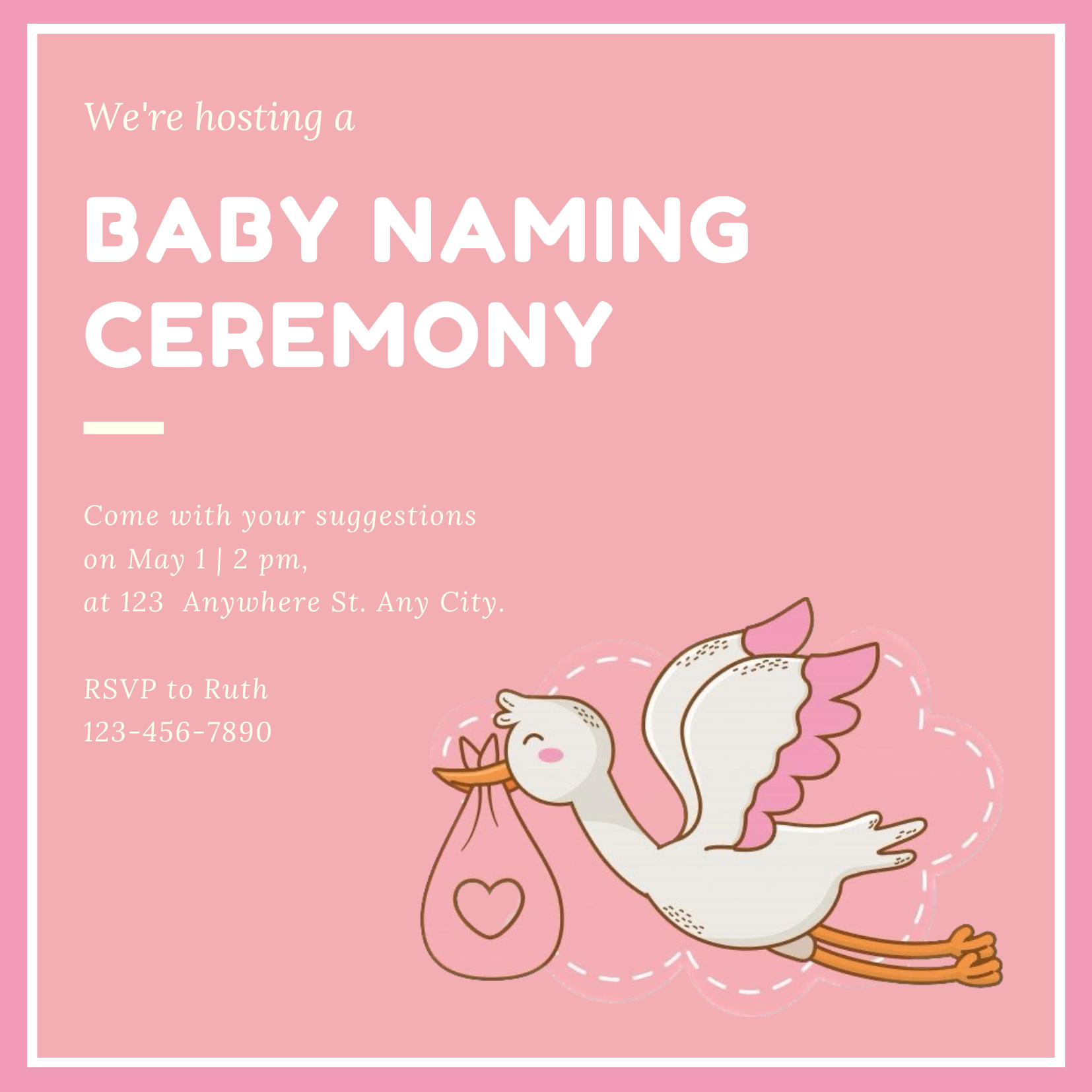 Pink Stork Baby Naming Ceremony Invitation-AANCI001