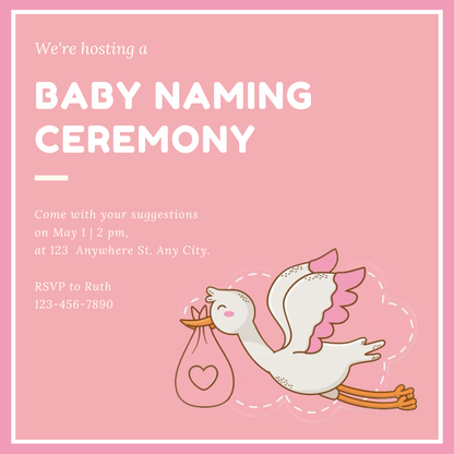 Pink Stork Baby Naming Ceremony Invitation-AANCI001
