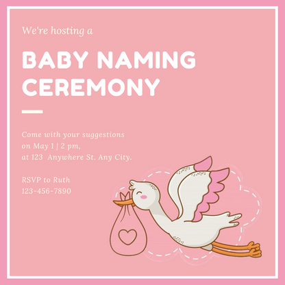Pink Stork Baby Naming Ceremony Invitation-AANCI001