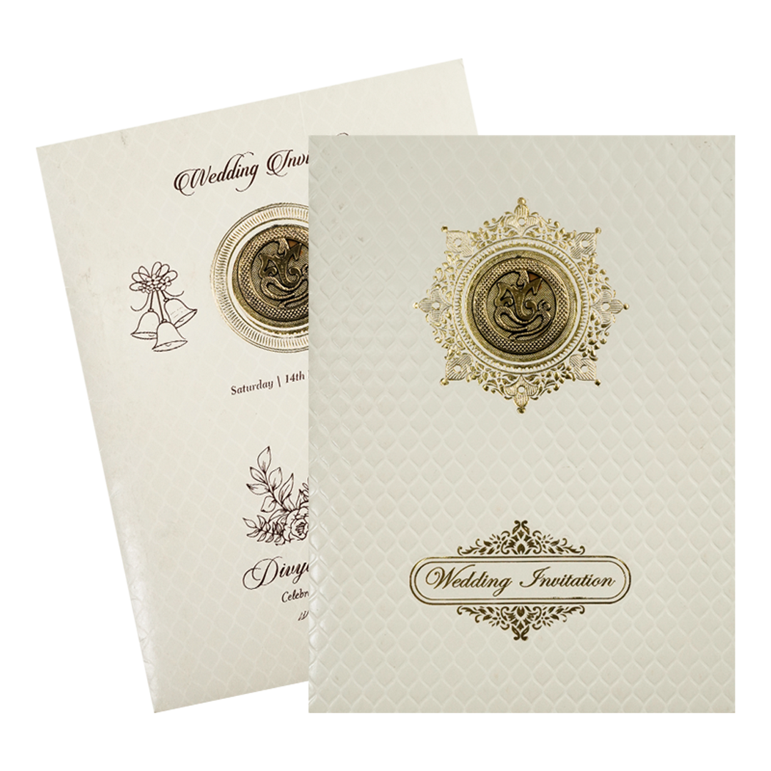 White Embossed Gold Ganesha Wedding Card-KNK7056W