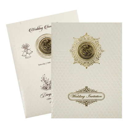 White Embossed Gold Ganesha Wedding Card-KNK7056W