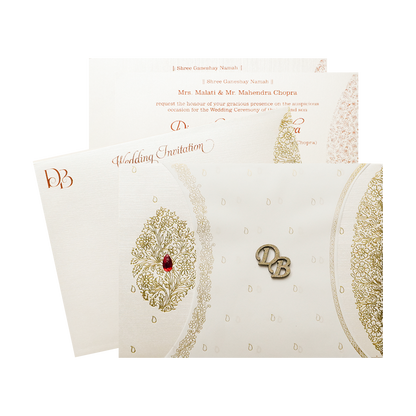 Check out White Gold Tree Minimal Padded Wedding Card at best price. ✅WhatsApp Support ✅Express Delivery.|King of cards.