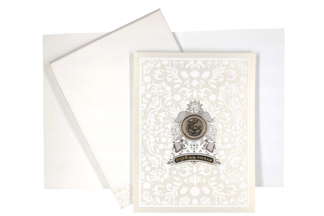 White Metallic Floral Design With Gold Foiling And Name Plate-KNK3050W