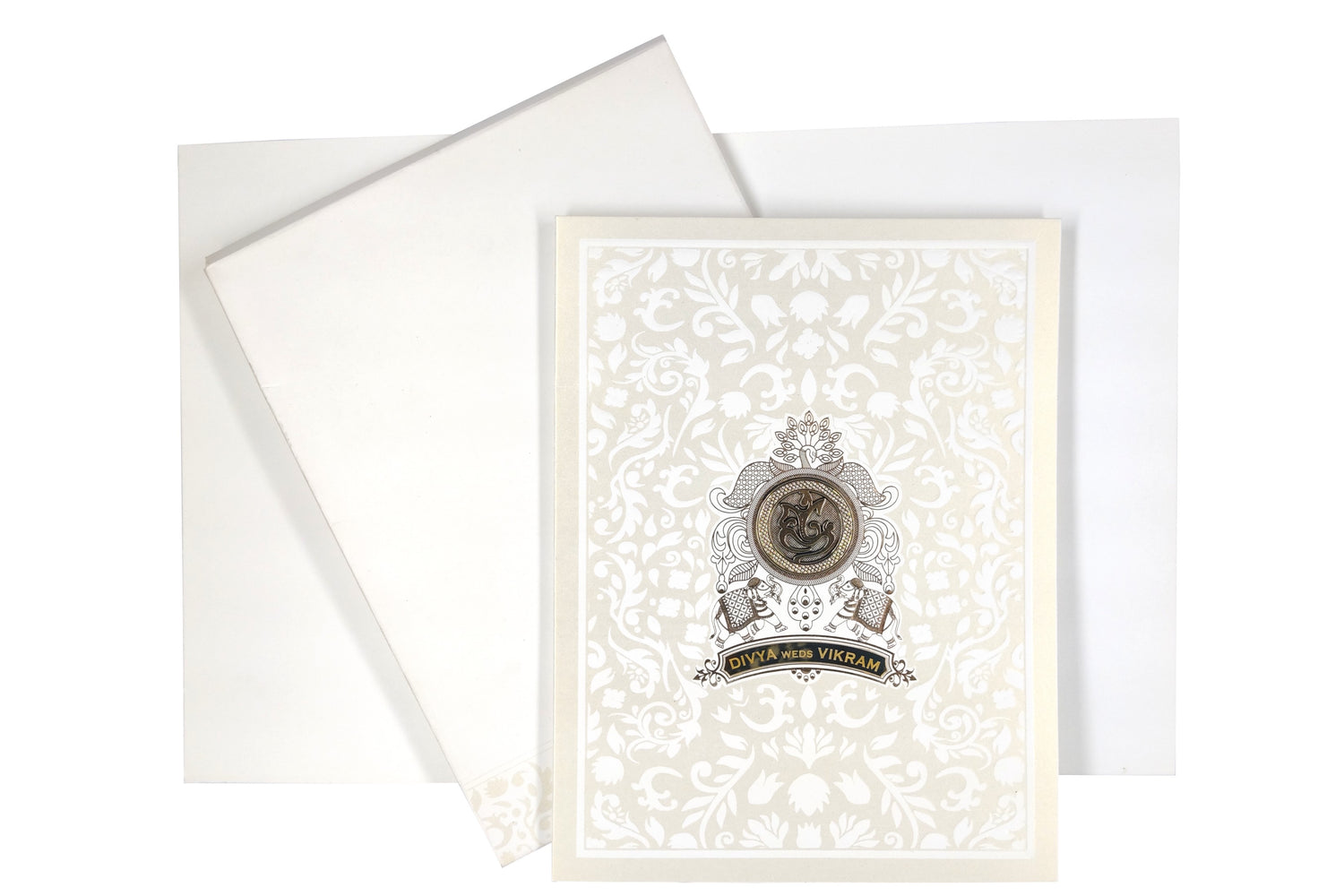 White Metallic Floral Design With Gold Foiling And Name Plate-KNK3050W