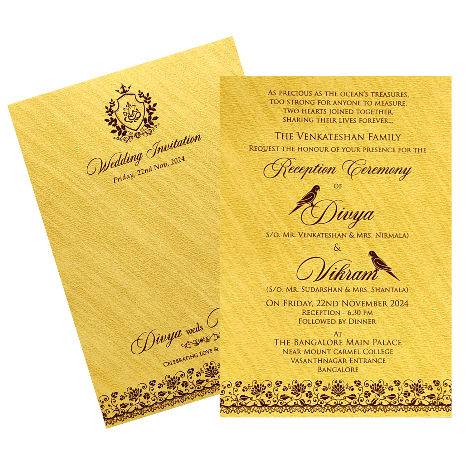 Gold liner single sheet sheet invitation wedding card features printed ganesha withone insert and an envelope. Shipping and printing charges are extra.
