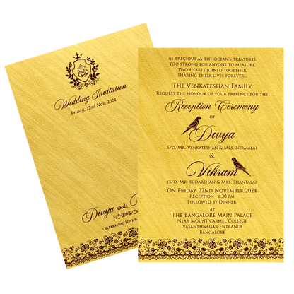 Gold liner single sheet sheet invitation wedding card features printed ganesha withone insert and an envelope. Shipping and printing charges are extra.