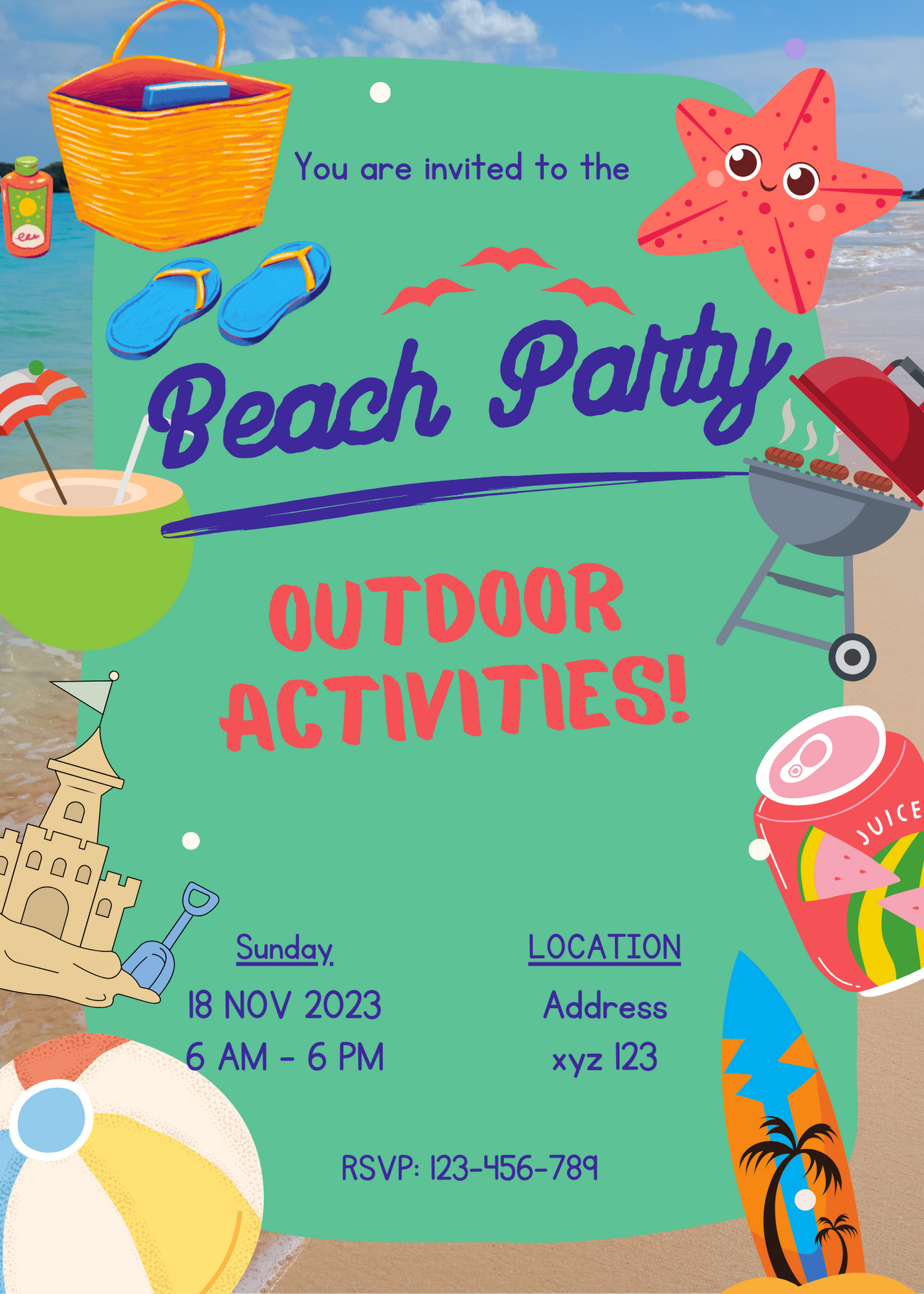 Blue Beach Party Outdoor Fun Invitation-AAOUT001