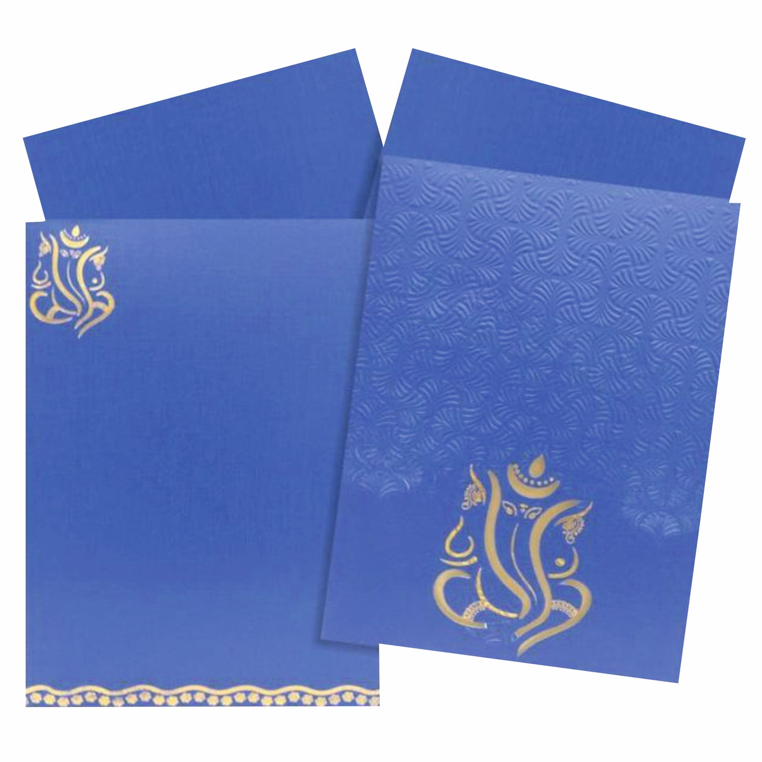 Embossed Blue Floral Shading With Cut Ganesha Wedding Card - KNK30500
