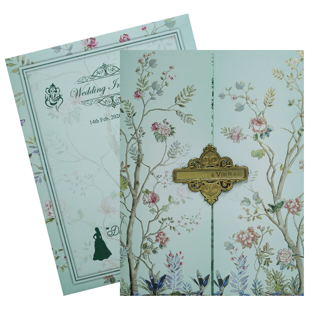 Blue Floral Design Wedding Invitation Card-KNKJ1126
