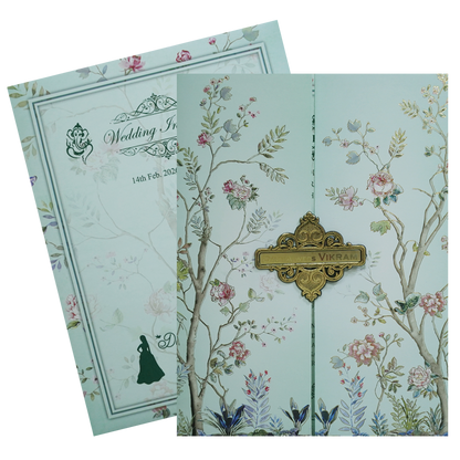 Blue Floral Design Wedding Invitation Card-KNKJ1126