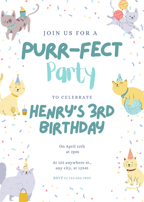 White Feline Festive Pet Party Invitation-AAPET001