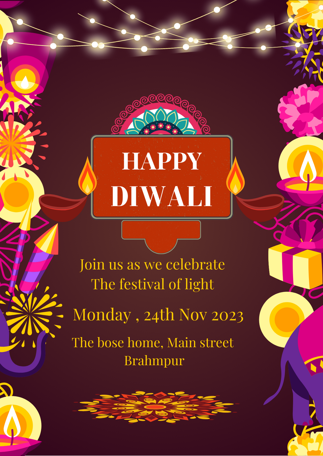 Magenta Firecrackers Diwali Invitation-AADIW003