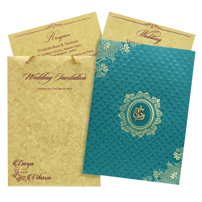 Gracious Gold And Blue Shading With Ganesha Theme Padded Wedding Card-KCCT20GP