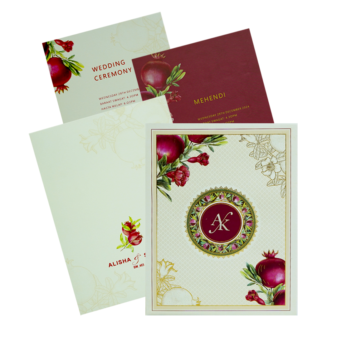 Make your event special with our exclusive Cream Pomegranate Wedding Card Order now! ?WhatsApp Support ?Express Delivery