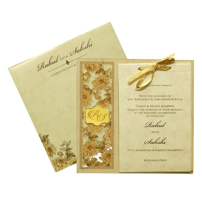 Golden Elegant Floral Lazer Cut MDF Wedding Card-King of Cards