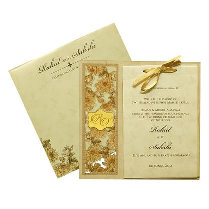 Golden Elegant Floral Lazer Cut MDF Wedding Card-King of Cards