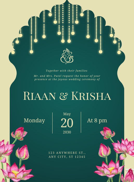 Green Lotus Elegant Indian Wedding Invitation-EINK0032