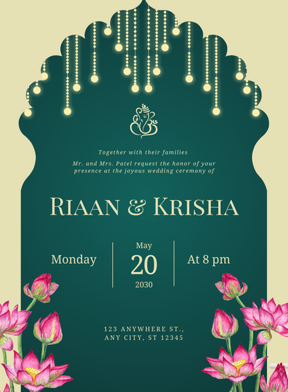 Green Lotus Elegant Indian Wedding Invitation-EINK0032