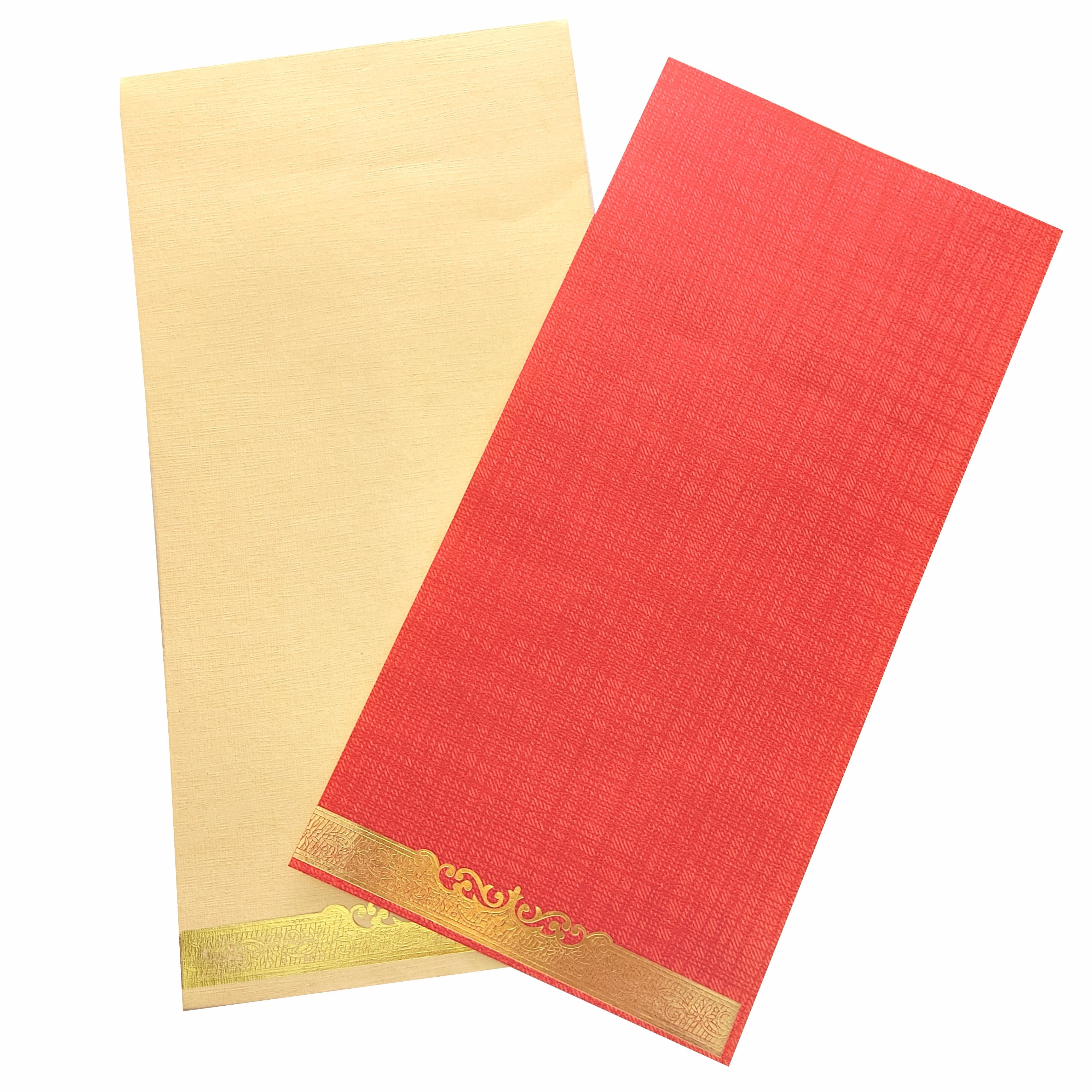 Our simple red khadi card with simple gold design with gridlines on envelope