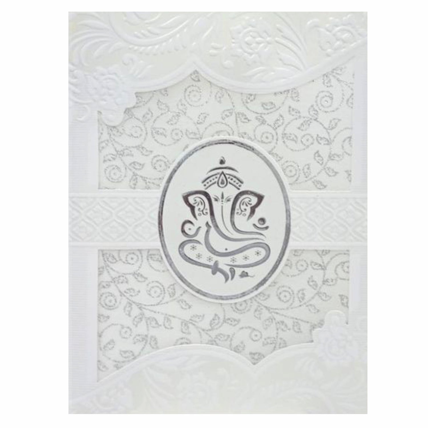 Lovely Silver Foiling Ganesha With White Wolly Material Wedding Card  - KNK30740