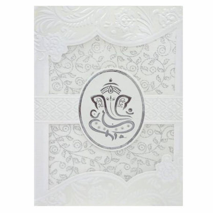 Lovely Silver Foiling Ganesha With White Wolly Material Wedding Card  - KNK30740