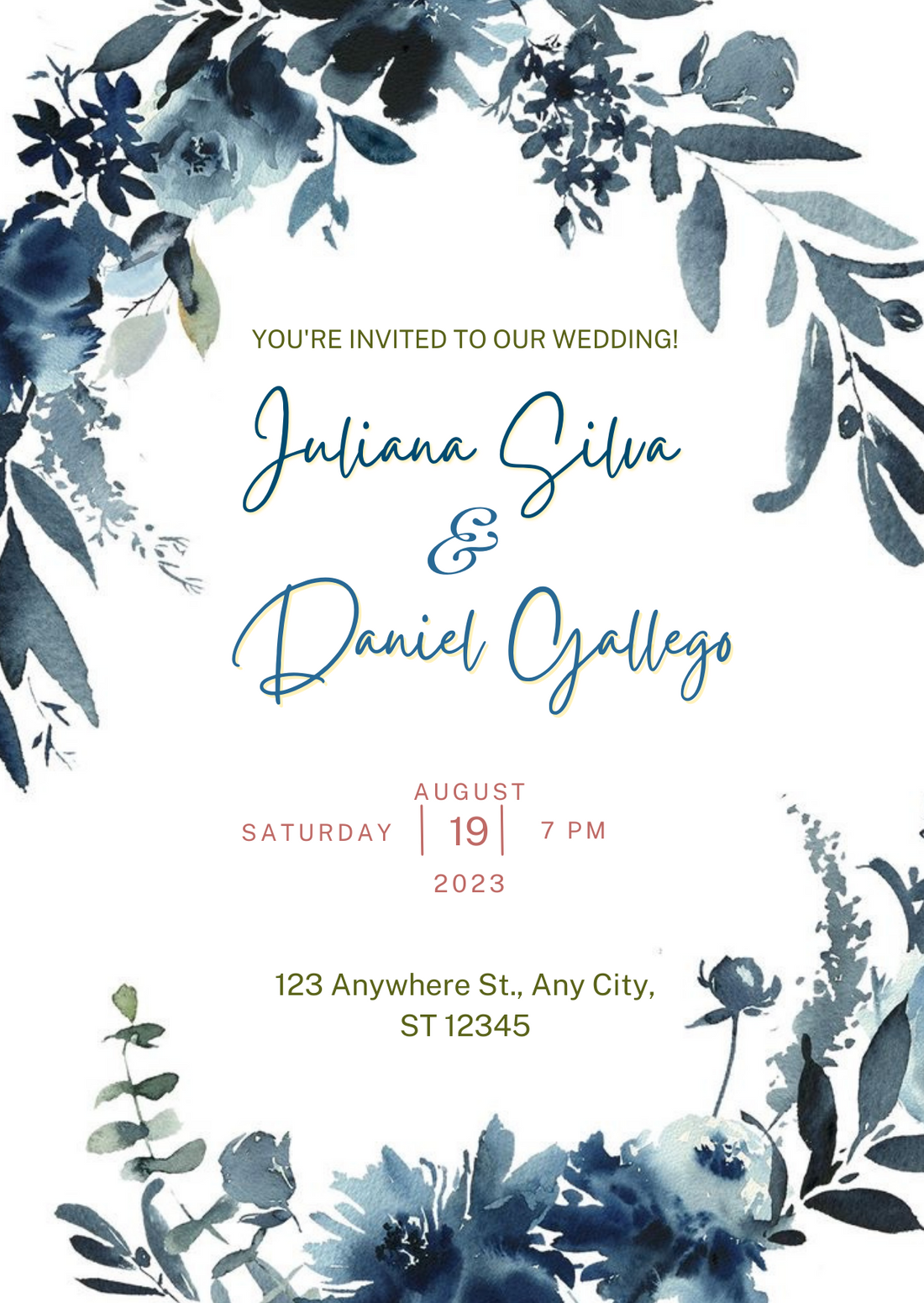 Blue Floral Designs Traditional Wedding Invitation-AAFWI001