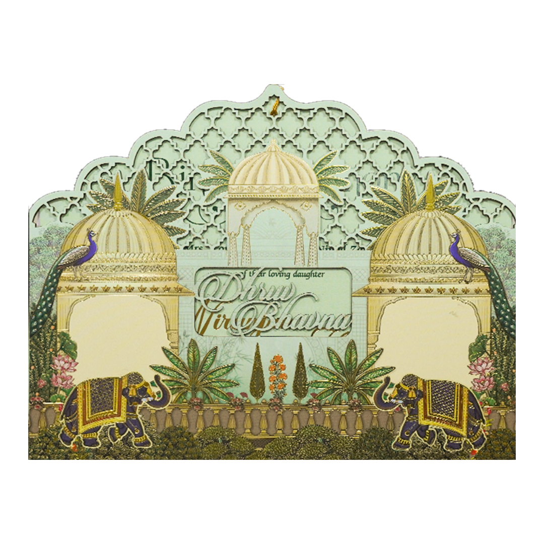 Green Palace Elephant Laser-Cut Wedding Card-KSH72920