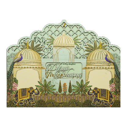 Green Palace Elephant Laser-Cut Wedding Card-KSH72920
