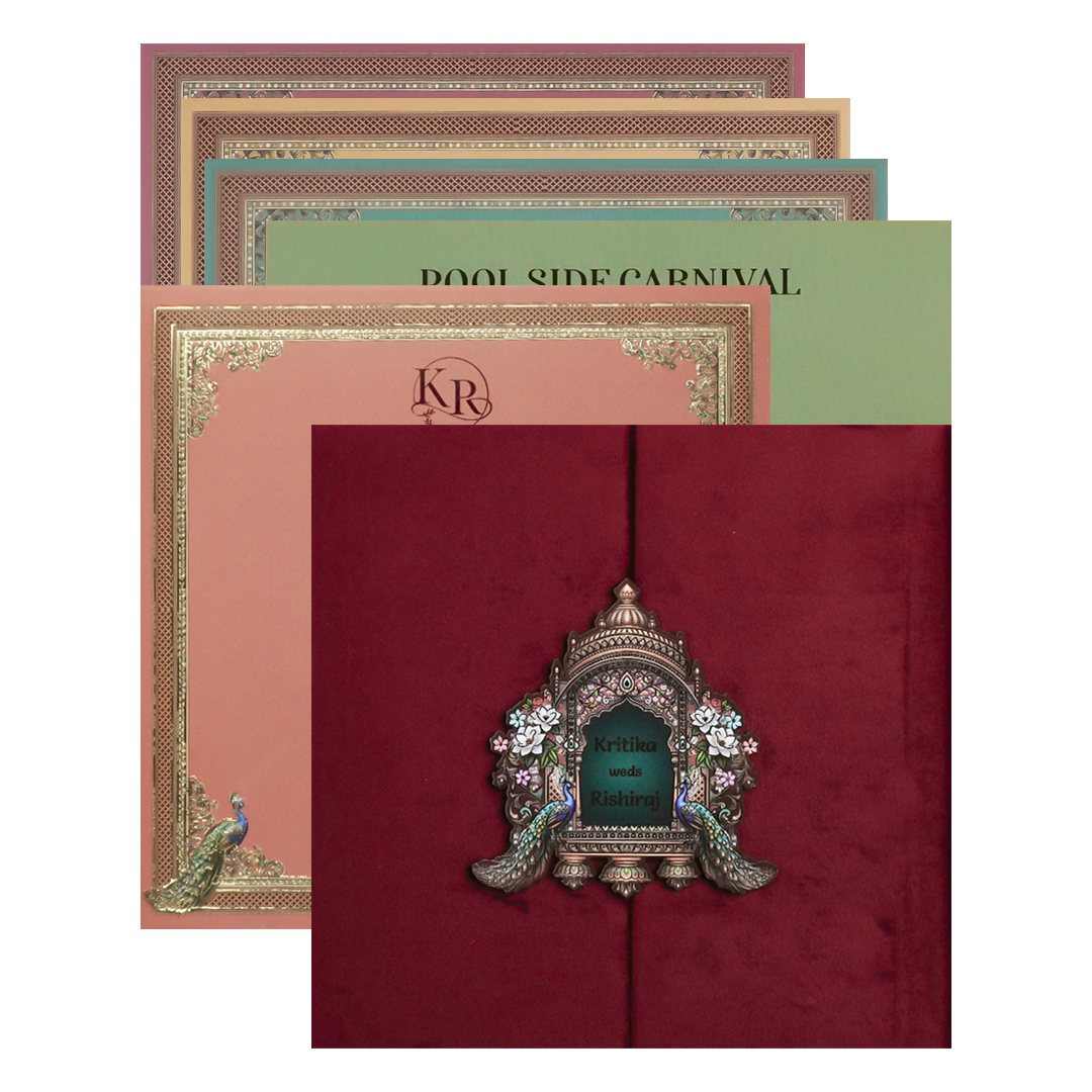 Maroon Peacock Padded Wedding Card-KSI64230