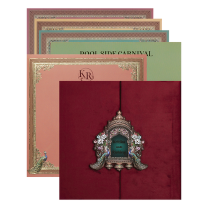 Maroon Peacock Padded Wedding Card-KSI64230