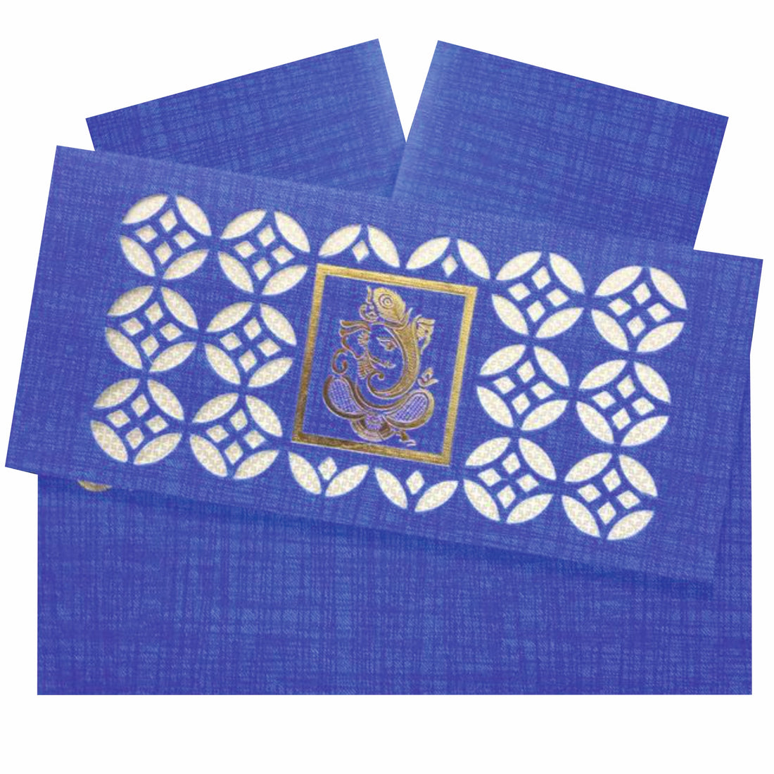 This wedding card is a designer card with a weight of 37 grams. This card is in blue shading with cut design all around it. This card is a horizontal sort card with a traditional opening. A Ganesha With gold foiling is imprinted at the centre surrounded by cut design. This card has a cover and a long foldable insert. This card can be used for all religious wedding which makes it unique. Welcome your guests with this card to make your wedding fabulous. Click the WATCH VIDEO icon to see the video of the card.