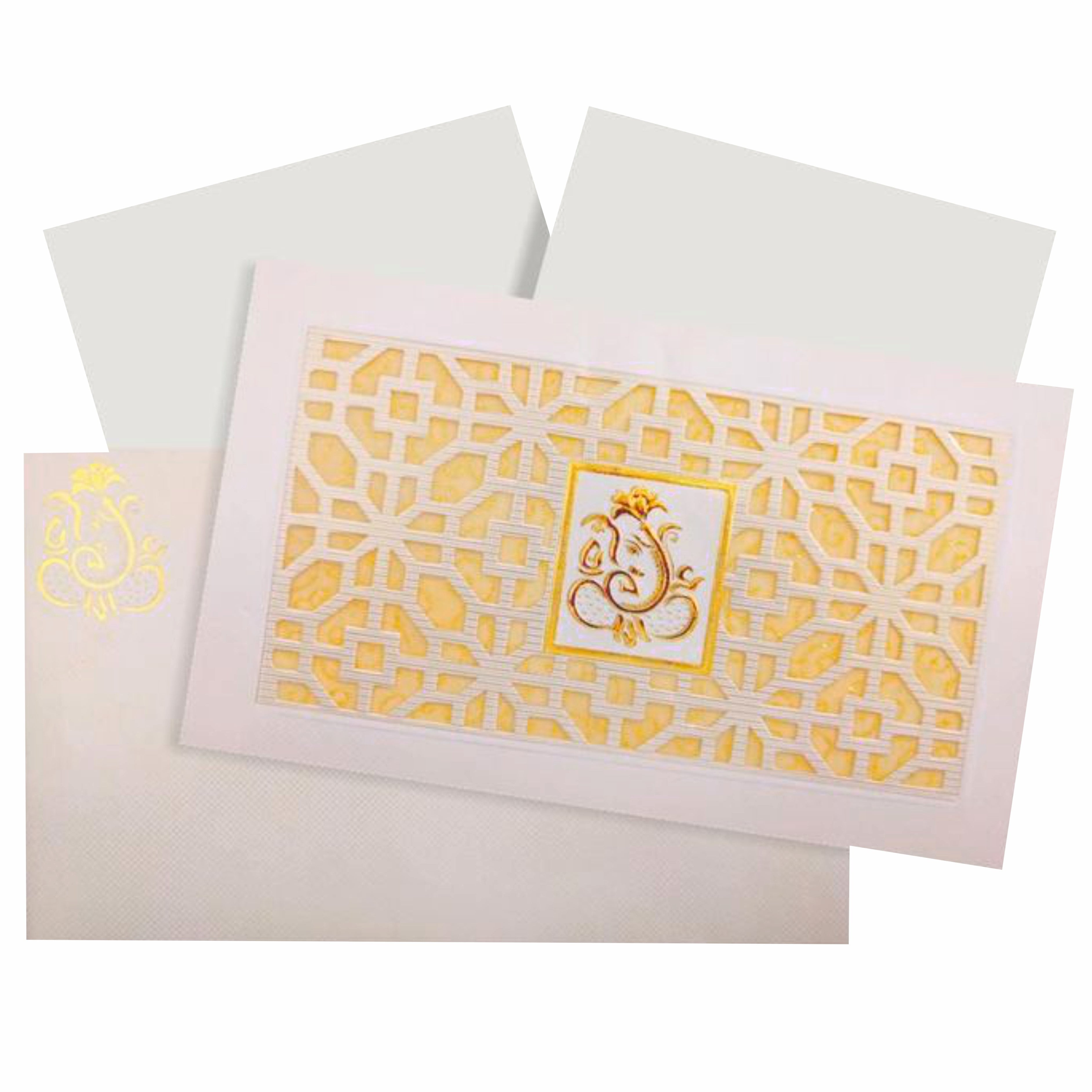 Gorgeous Gold Wolly Ganesha Laser Cut Wedding Card - KNK30610