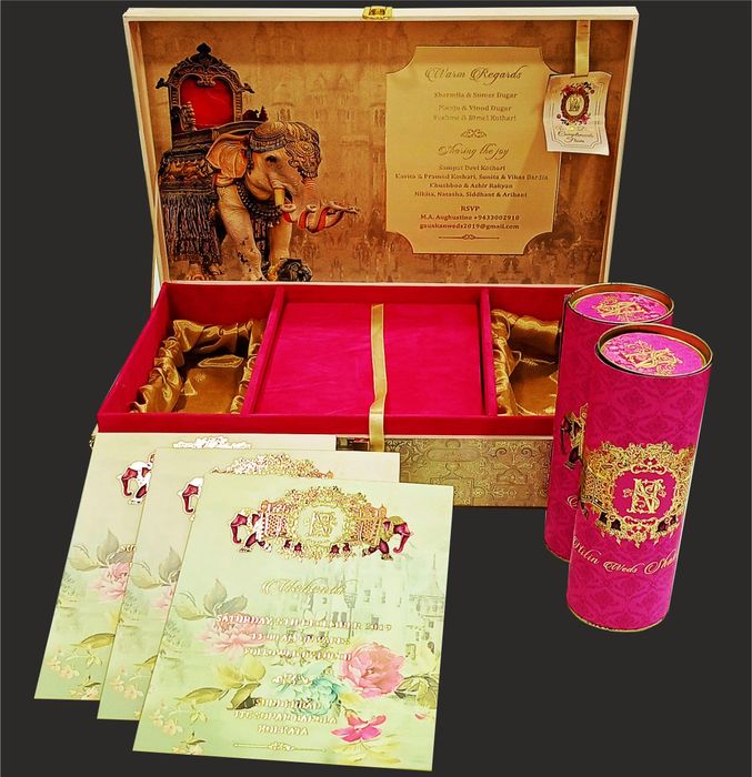 Our entrancing cream ultra premium card features a swanky Howdah design on the luxury box with a floral bride and groom wedding logo, printed in offset with a touch of scodix.